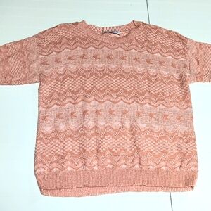 VTG 90S GLAMOUR KNIT GRANDMACORE PEACH KNIT SHORT SLEEVE SWEATER TSHIRT LARGE